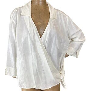 J. Jill Linen Blend Surplice Wrap Top Plus Sz 20 Ivory/Off-White 309C
